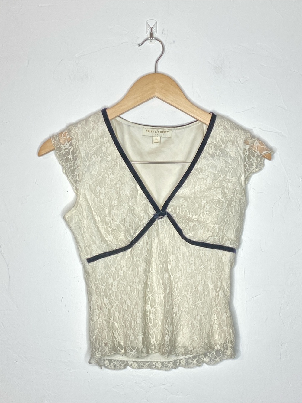Cream Lace Babydoll Cap Sleeve Coquette Romantic Top with Velvet Black Trim